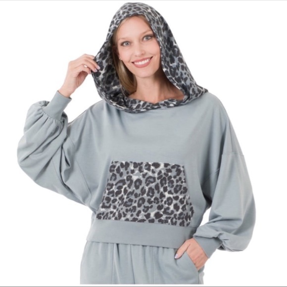 New French Terry Drop Shoulder Reverse Leopard Gray Hoodie - Picture 6 of 6